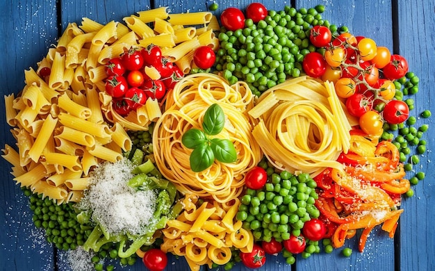 Diferentes tipos de pasta y verduras en una mesa de madera azul