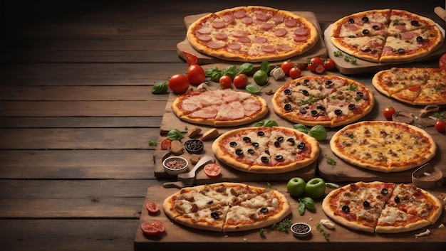 Diferentes tipos de pizza sobre mesa de madera