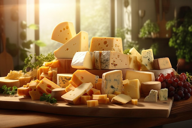 Diferentes tipos de queso en una mesa de madera Arte generativo de primer plano Gran selección de quesos