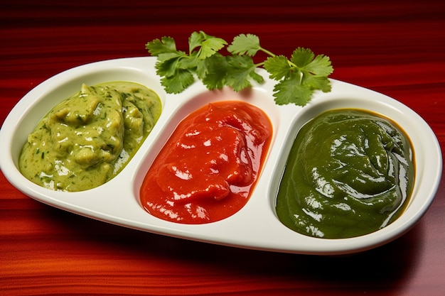 Foto diferentes tipos de salsas de pasta en un plato de dos colores