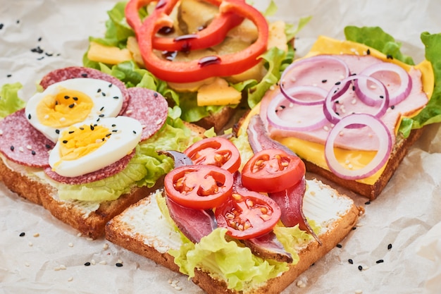 Diferentes tipos de sándwich en una superficie blanca