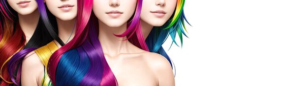 Diferentes tons de cabelo Coloração de cabelo Beleza colagem de moda meninas com cabelos tingidos coloridos Menina com maquiagem perfeita e penteados de arco-íris copie o espaço Generative AI
