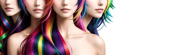 Diferentes tons de cabelo Coloração de cabelo Beleza colagem de moda meninas com cabelos tingidos coloridos Menina com maquiagem perfeita e penteados de arco-íris copie o espaço Generative AI