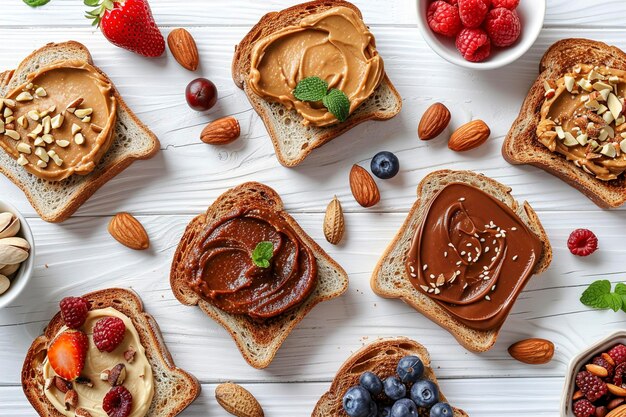 Foto diferentes tostadas sabrosas con mantequilla de nuez y productos