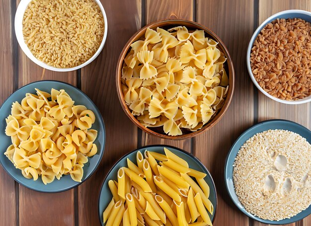 Foto diferentes variedades de pasta y cereales se encuentran en platos en una superficie de madera de textura de vista superior