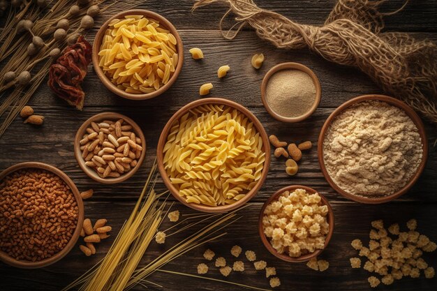 Foto diferentes variedades de pasta y cereales se encuentran en platos en una superficie de madera vista superior textura de fondo comida natural saludable dieta vegana comida natural sana dieta vegana ia generativa