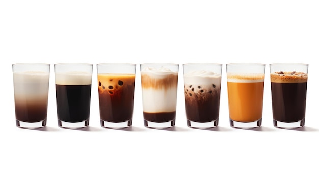 Diferentes vasos de café en una fila sobre un fondo blanco Creado con tecnología de IA generativa