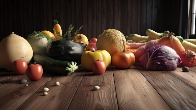 Diferentes verduras en mesa de madera AI generativa