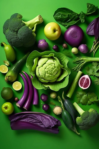 Diferentes verduras verdes y moradas brócoli remolacha pepperromaine lechuga en planta de fondo verde