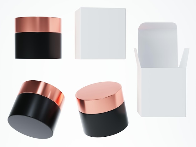 Diferentes vistas del tarro de crema cosmética negra con tapa de oro rosa y caja aislada sobre fondo blanco 3D render cuidado producto embalaje y plantilla de marca