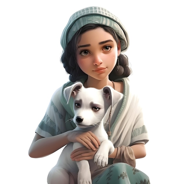 Digital 3D Render de una hermosa chica con un perro aislado sobre fondo blanco.