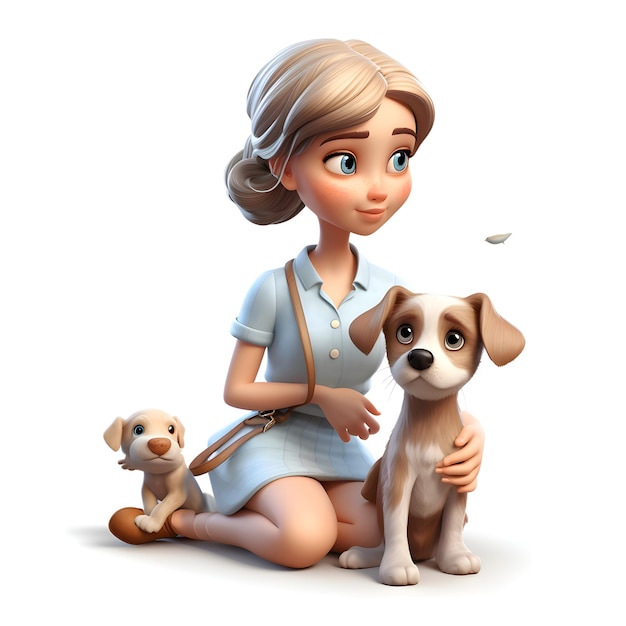 Digital 3D Render de una linda chica con su perro aislado sobre fondo blanco.