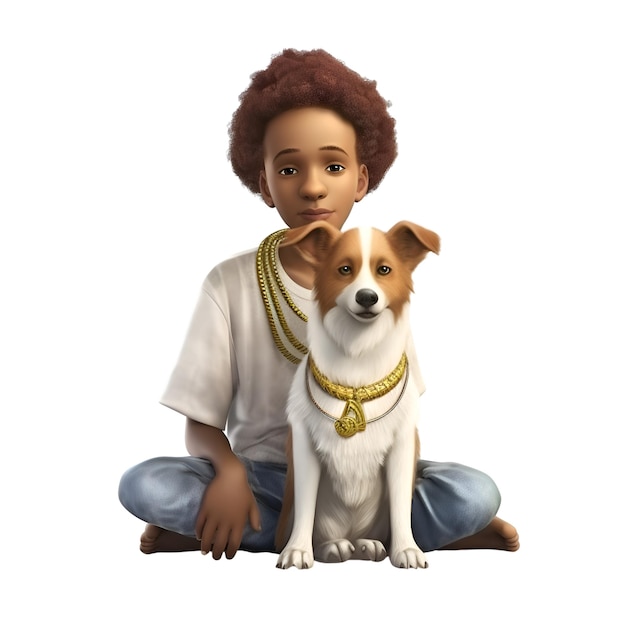 Digital 3D Render de una niña y su perro aislado sobre fondo blanco.