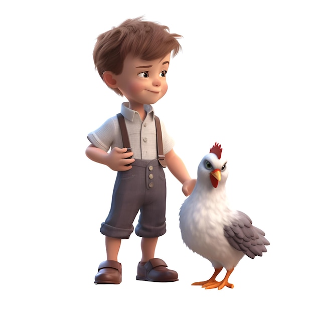 Digital 3D Render de un niño pequeño con un pollo aislado sobre fondo blanco.
