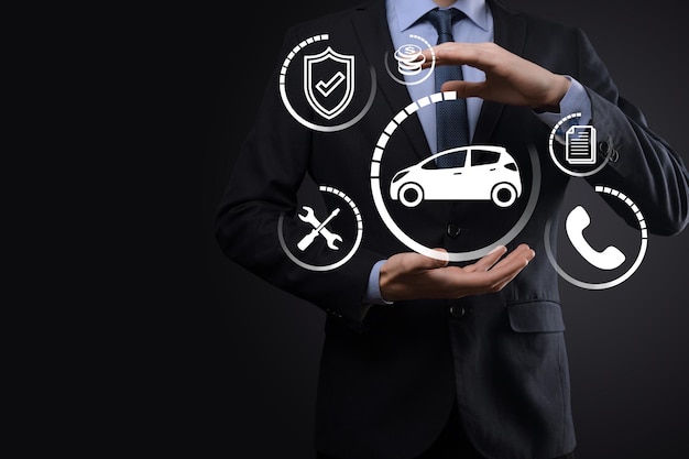 Foto digital composite of man holding car iconcar kfz-versicherung und autoservice-konzept geschäftsmann mit geste und ikone des autos