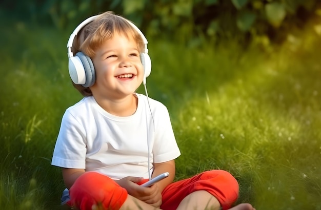 Digital Delight Young Boy com fones de ouvido e tablet em Lush Meadow