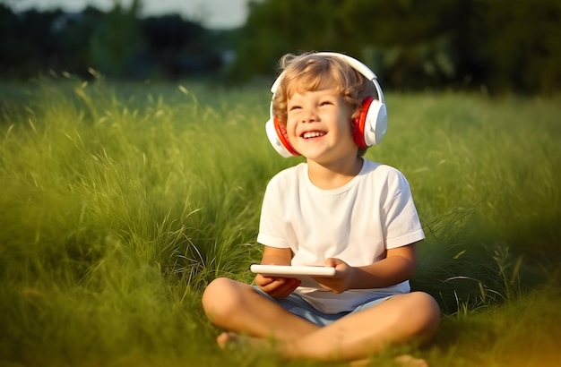 Digital Delight Young Boy com fones de ouvido e tablet em Lush Meadow