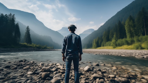 Digital Escape uma pessoa está em uma paisagem natural com um fone de ouvido de realidade virtual IA generativa