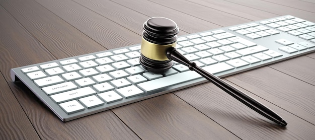 Foto digital law legal system justice crime concept mallet gavel en el teclado 3d render ilustración