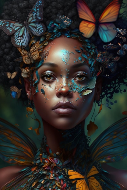 Digital-Malerei der bunten Schmetterlingsfeen-schwarzen Frau mit feenhaftem Waldhintergrund