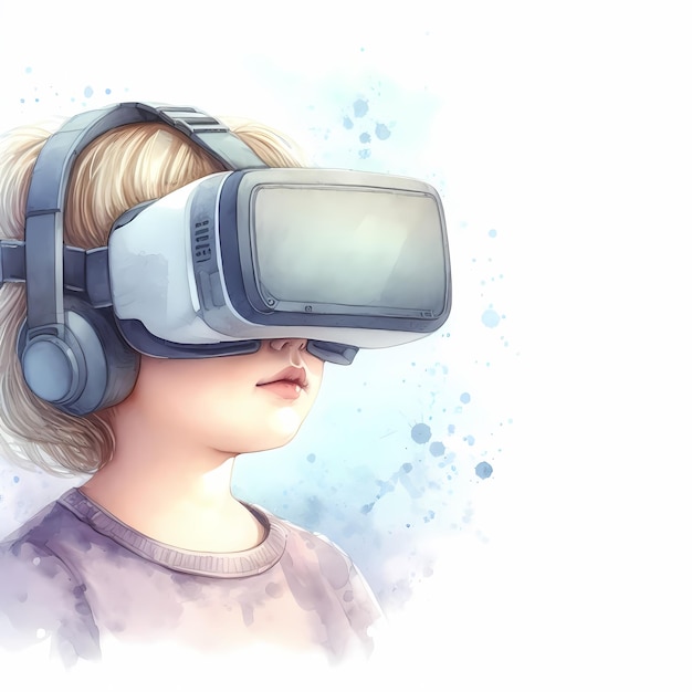 Digital Native Vr Head Set Gen A criança e tecnologia aquarelas