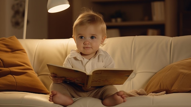 Digital Natives, ein Baby, das liest und mit einem Buch spielt, erzeugt die Fantasie der Kinder der Generation Alpha