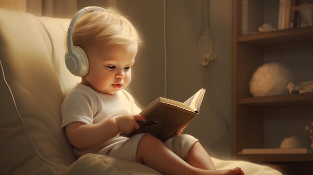 Digital Natives, ein Baby mit Kopfhörern, das liest und mit einem Buch spielt, Gen Alpha Kids Nextgen