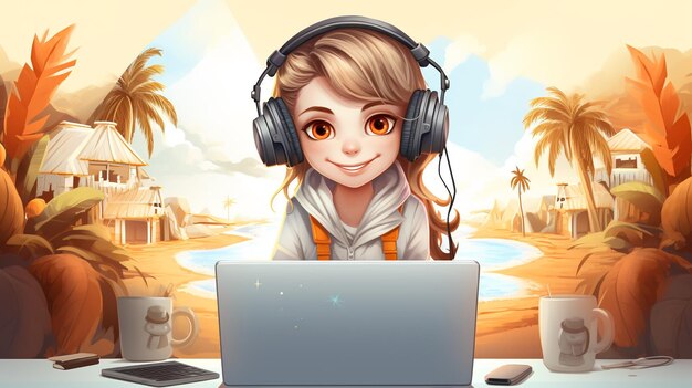 Digital Natives, ein Mädchen, das einen Laptop mit Kopfhörern benutzt, Genalpha Kids Future Kids Illustrationskunst