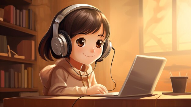 Digital Natives, ein Mädchen, das einen Laptop mit Kopfhörern benutzt, Genalpha Kids Future Kids Illustrationskunst