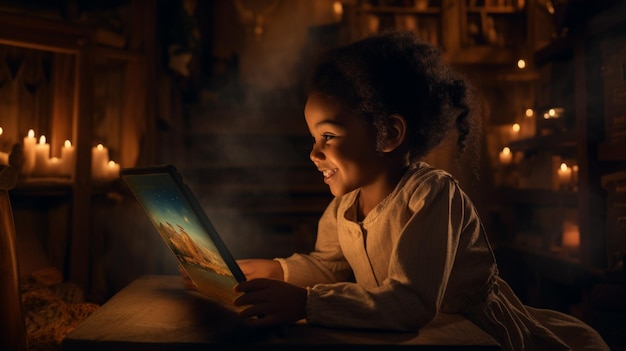 Digital Natives, ein süßes Mädchen, das einen Tab benutzt, während es im Bett liegt, Genalpha-Kinder, zukünftige Kinder