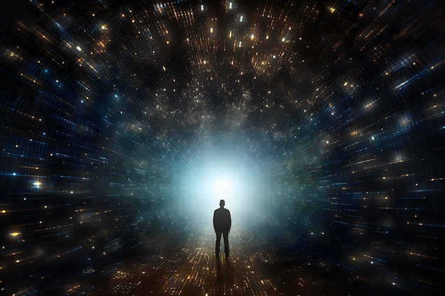 Digital Odyssey Man erkundet den unendlichen Lichttunnel in Vast Matrix