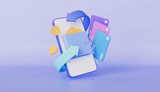 Digital payments with smartphone app wallet coins credit card and arrow