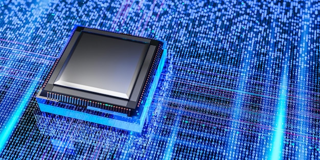 Digital processor chip with binary code background big data artificial intelligence high performance computer technology future cyber security 3d illustration