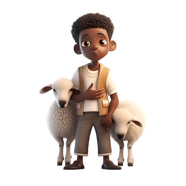Digitale 3D-Darstellung eines süßen afroamerikanischen Jungen mit Schafen isoliert auf weißem Hintergrund