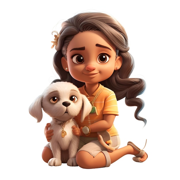 Digitale 3D-Darstellung eines süßen kleinen Mädchens mit einem Hund isoliert auf weißem Hintergrund