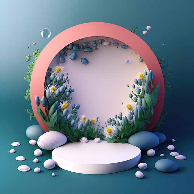 Digitale 3D-Illustration eines Podiums mit Ostereiern, Blumen und Blättern, Dekoration für die Produktpräsentation