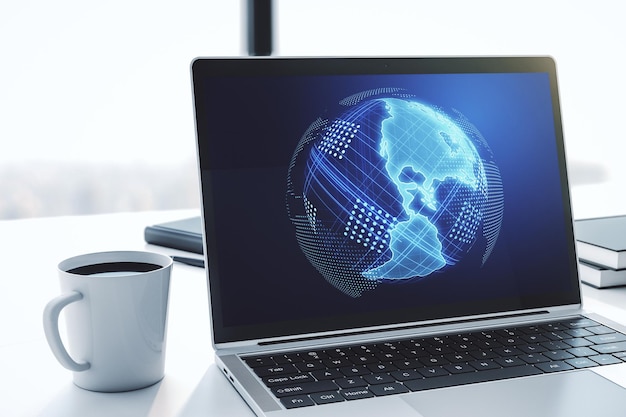 Digitale Amerika-Karte auf modernem Laptop-Bildschirm, internationales Handelskonzept, 3D-Rendering