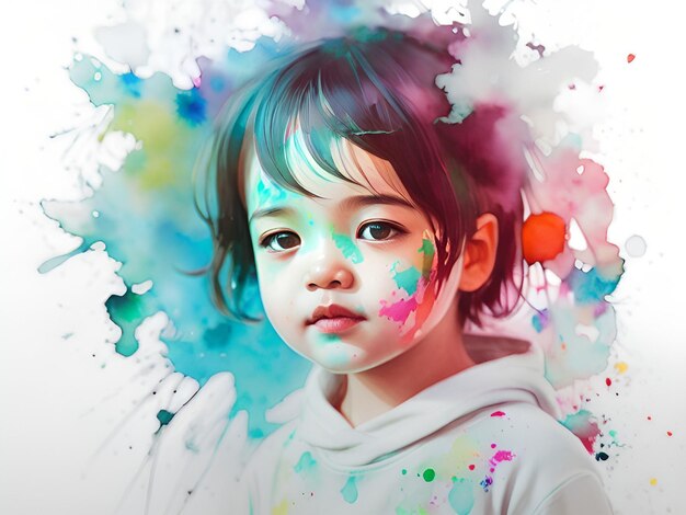 Digitale Aquarellmalerei eines abstrakten Porträts eines Kindes isoliert auf weißem Hintergrund