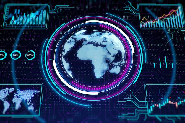 Digitale Darstellung der Erde mit Datenanalysegrafiken auf einem dunklen technologischen Hintergrund Konzept der globalen Technologie 3D-Rendering