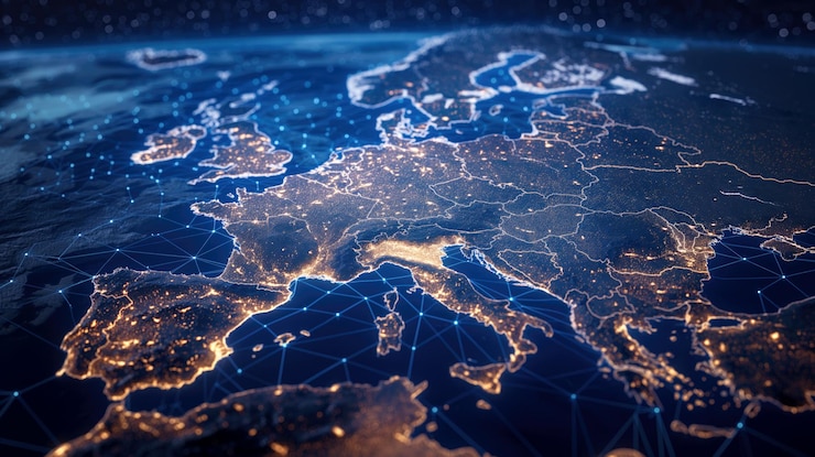 Foto digitale darstellung europas mit netzwerkverbindungen und beleuchtung digitale europa-karte
