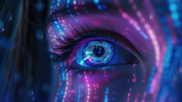 Digitale Daten reflektiert auf weiblichem Hackergesicht im dunklen Raum Netzwerkinformationen für das Thema Cybersicherheit Konzept der KI-Computertechnologie zukünftige Spionagekode Hackkunst