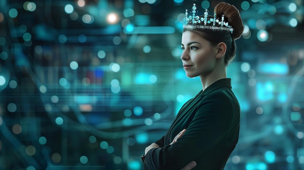 Digitale Führung Geschäftsfrau mit digitaler Krone, die Autorität in der digitalen Welt repräsentiert