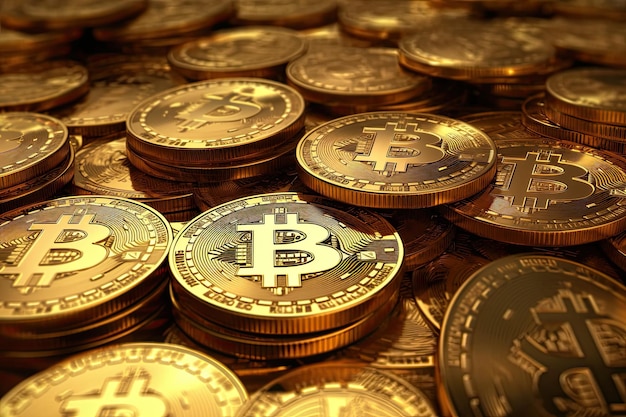 Digitale Goldrausch-Textur zahlreicher Bitcoin-Kryptowährung-Goldmünzen im Hintergrund