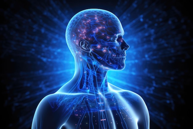 Digitale Illustration der menschlichen Körperanatomie in Farbhintergrund 3D-Rendering Anatomie von männlichen Hirnschmerzen mit Schmerzen in allen Gelenken in blauem 3D-Hologramm KI generiert