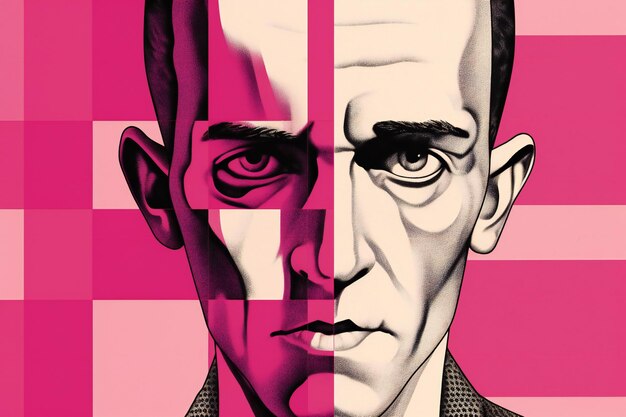 Digitale Illustration des Gesichts eines Mannes, umgeben von rosa Hintergrund