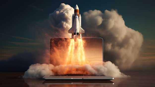 Digitale Illustration des Laptop- und Space-Rocket-Shuttle-Starts mit einer Rauchwolke