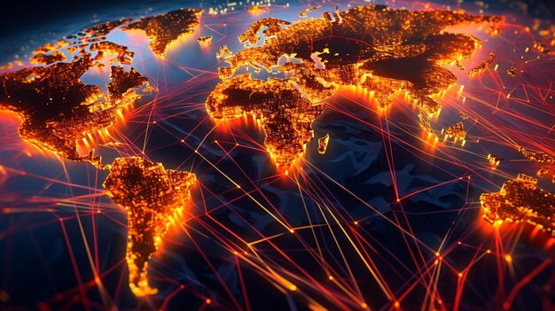 Digitale Illustration des Supply Chain Network einer Weltkarte mit miteinander verbundenen Transportwegen für die internationale Logistik. Generative KI