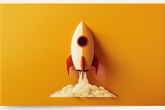 Digitale Illustration einer gelben Rakete, die Rauch auf gelbem Hintergrund freisetzt. Generative KI