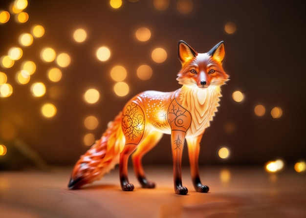 Foto digitale illustration einer niedlichen orangefarbenen fuchsstatuette mit festlichen bokeh-lichtern