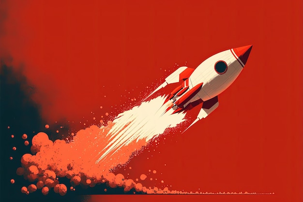 Digitale Illustration einer roten Rakete, die Rauch auf rotem Hintergrund freisetzt. Generative KI